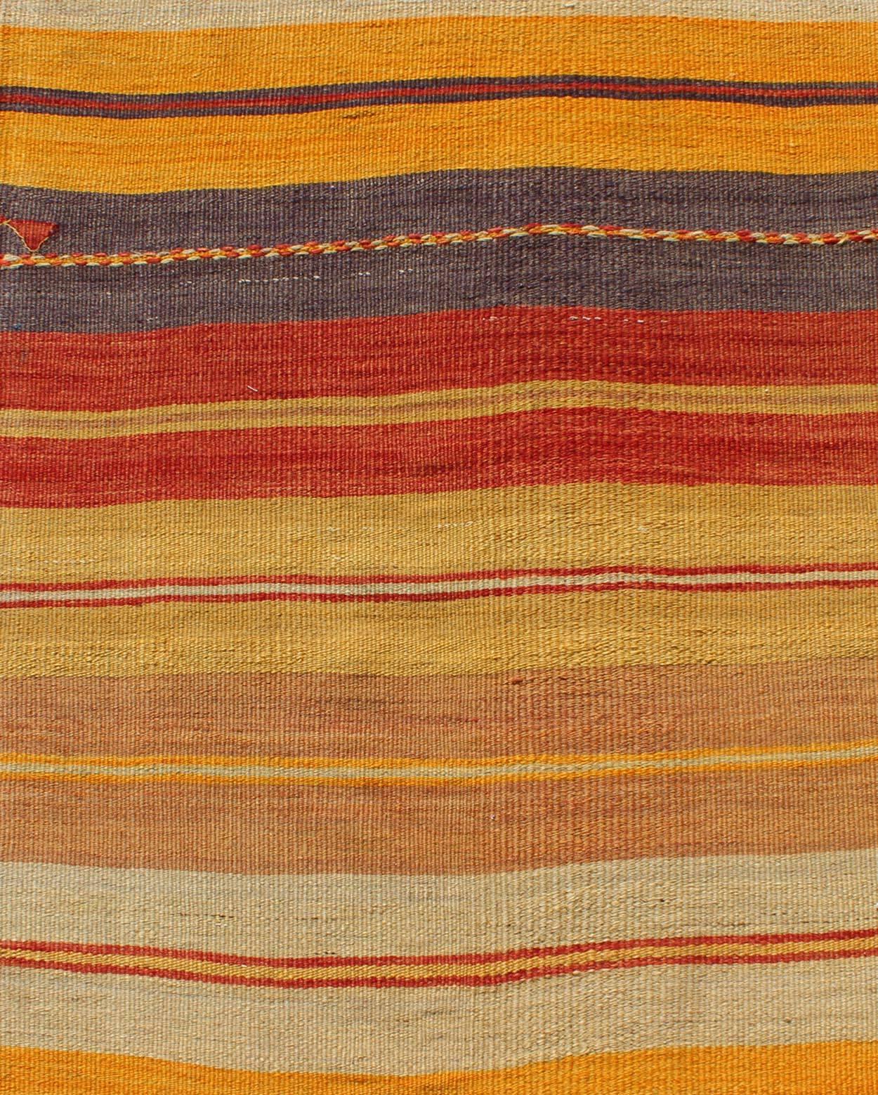 Wool Colorful Vintage Turkish Kilim Rug with Horizontal Stripe Design For Sale