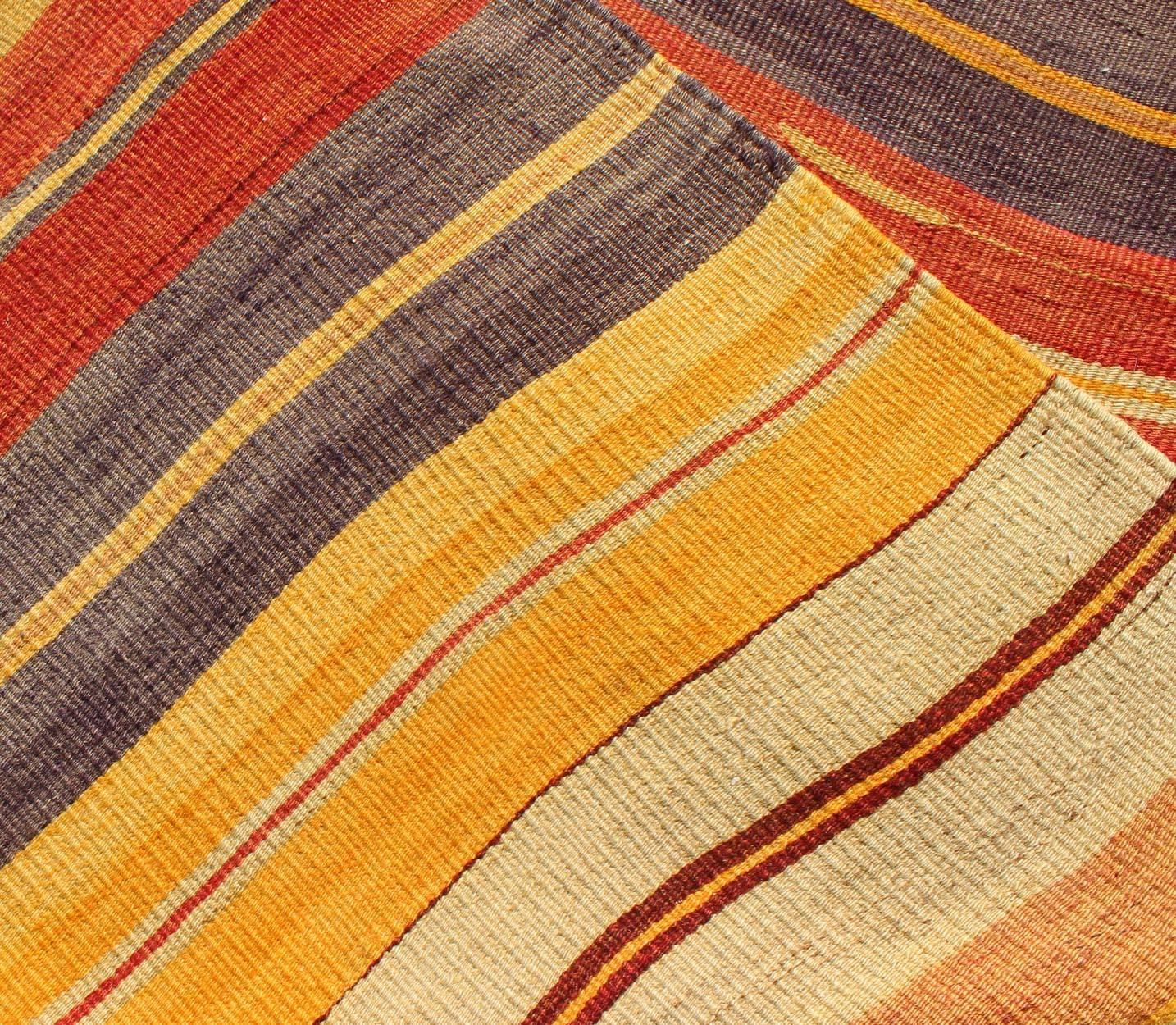 Colorful Vintage Turkish Kilim Rug with Horizontal Stripe Design For Sale 1