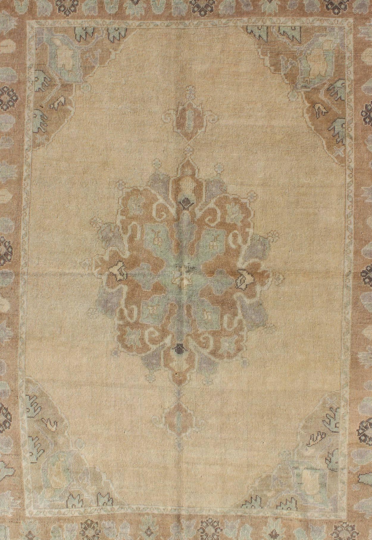 Hand-Knotted Turkish Oushak Vintage Rug with Floral Medallion in Beige an Seladon Green