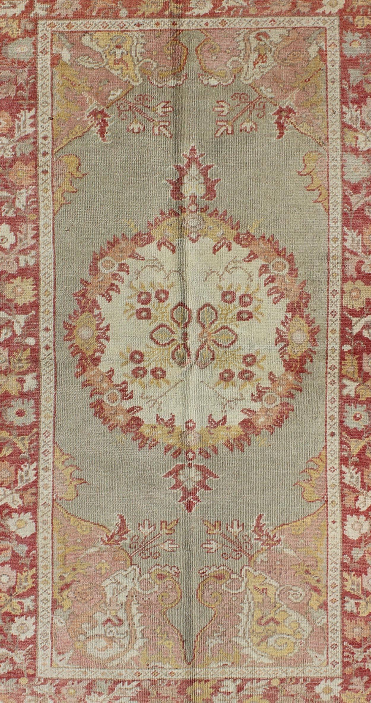 Hand-Knotted Turkish Oushak Vintage Rug with Floral Medallion Design in Red and Light Blue For Sale