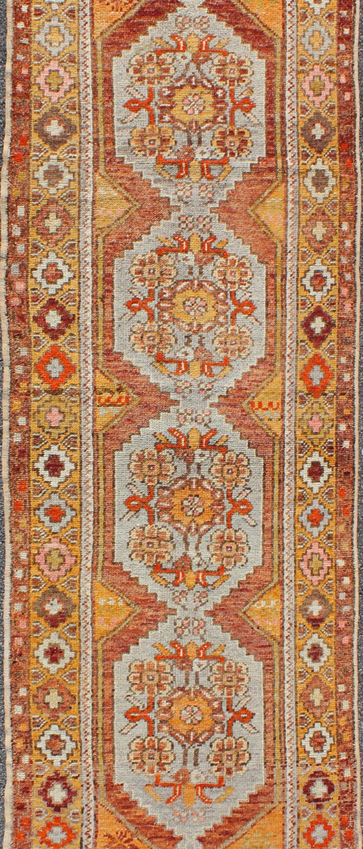 Turkish Colorful Antique Oushak Runner with Four Medallions in Yellow, Red, Green, Gray For Sale