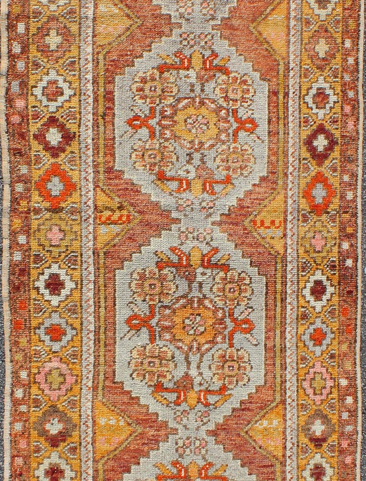 Hand-Knotted Colorful Antique Oushak Runner with Four Medallions in Yellow, Red, Green, Gray For Sale