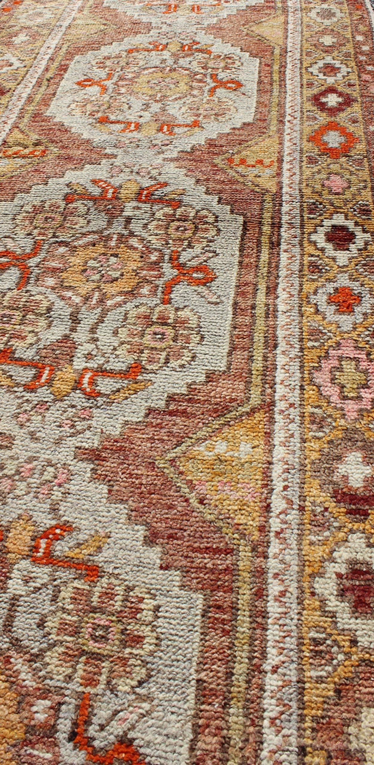 Colorful Antique Oushak Runner with Four Medallions in Yellow, Red, Green, Gray In Good Condition For Sale In Atlanta, GA