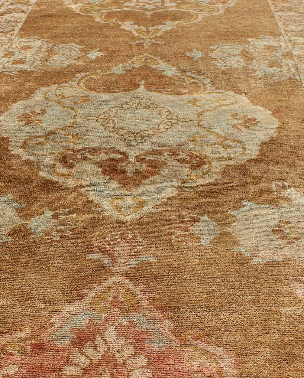 Wool Vintage Turkish Oushak Runner with Floral Medallions in Light Brown and Ivory For Sale