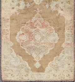 Vintage Turkish Oushak Runner with Floral Medallions in Light Brown and Ivory
