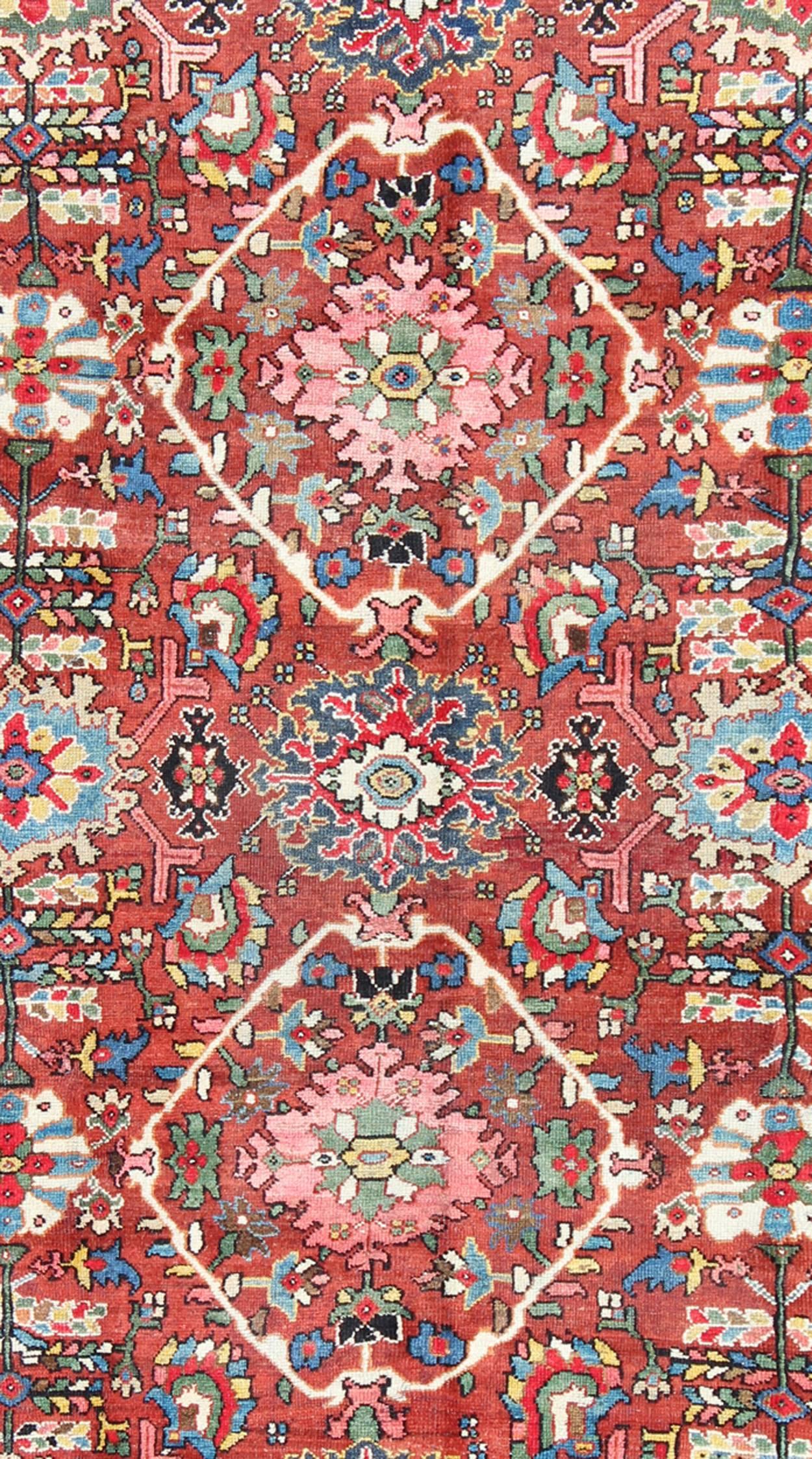 Sultanabad Midcentury Persian Mahal Rug with Dual Medallion Design in Red and Black