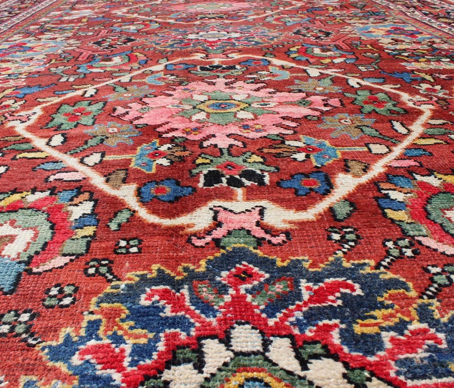 20th Century Midcentury Persian Mahal Rug with Dual Medallion Design in Red and Black