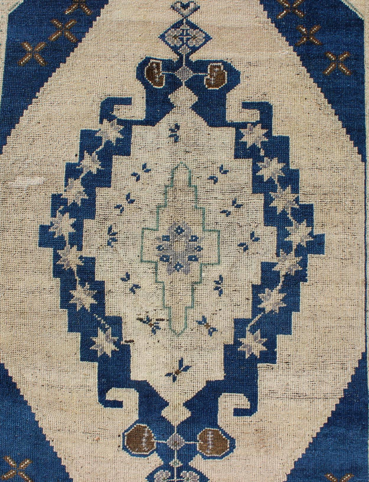 Hand-Knotted Vintage Turkish Oushak Rug in Navy Blue, Ivory, Taupe and Brown For Sale