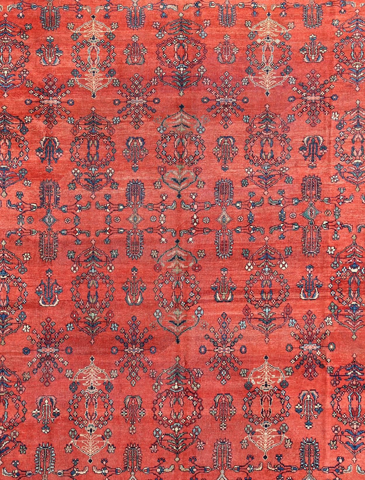 Hand-Knotted Square-Sized Antique Persian Sultanabad Rug in Terracotta Red and Medium Blue For Sale