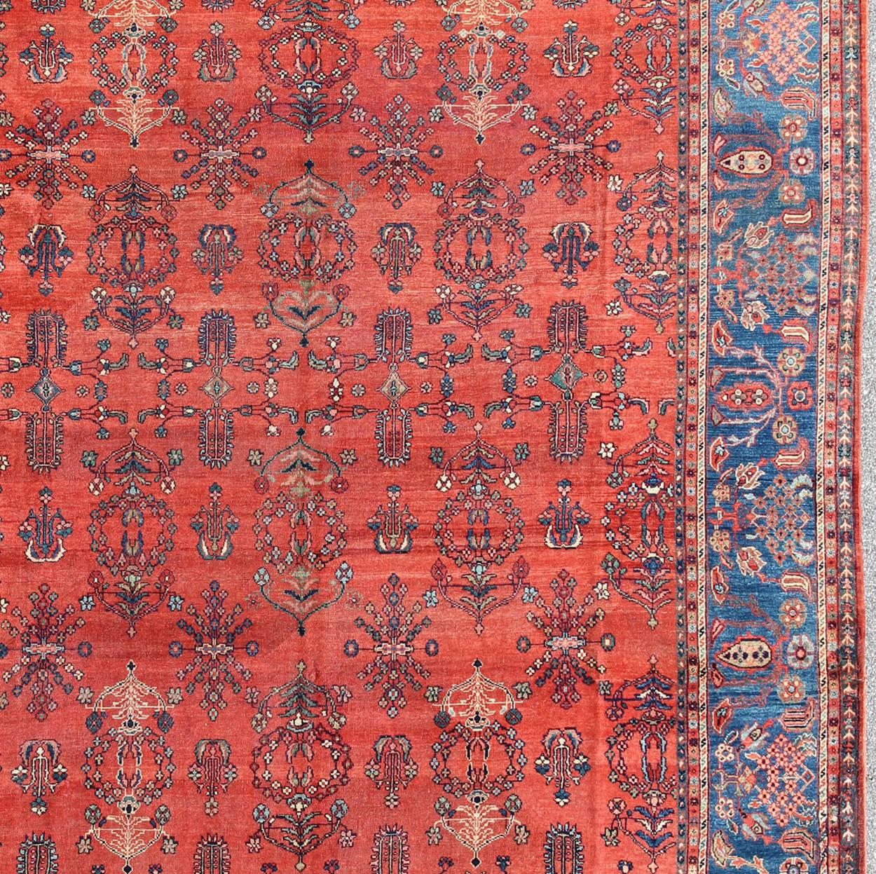 Square-Sized Antique Persian Sultanabad Rug in Terracotta Red and Medium Blue In Good Condition For Sale In Atlanta, GA