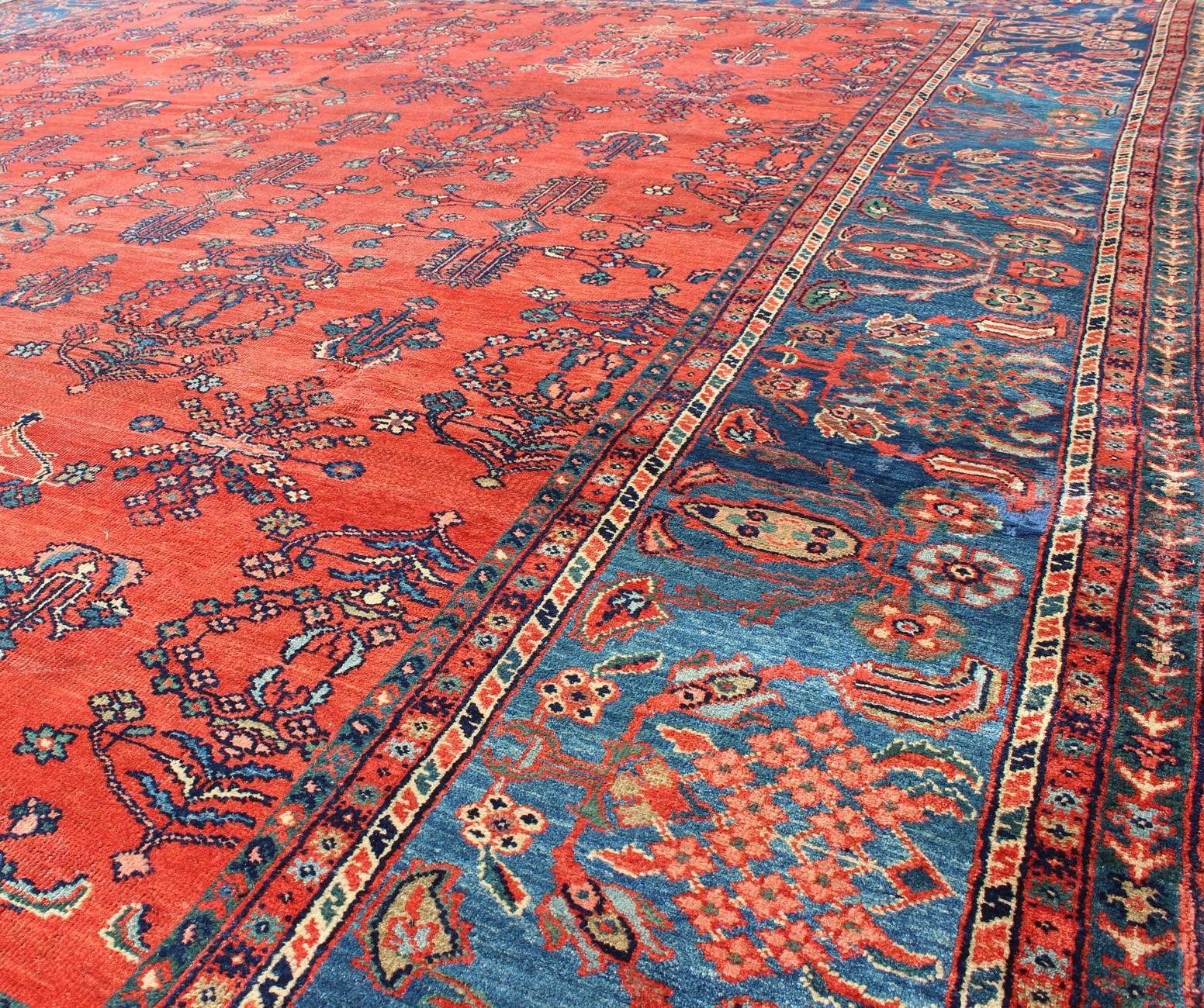 20th Century Square-Sized Antique Persian Sultanabad Rug in Terracotta Red and Medium Blue For Sale