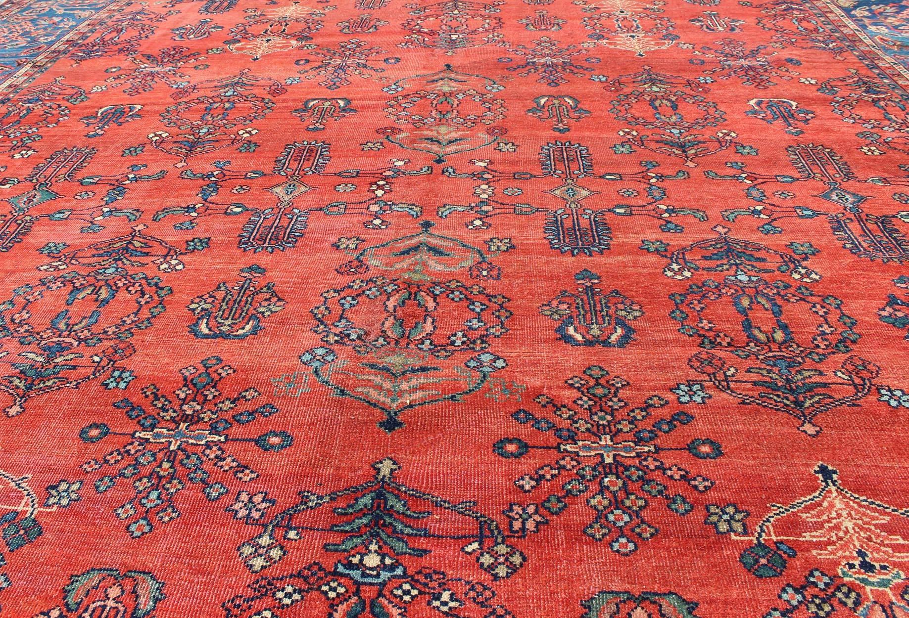 Wool Square-Sized Antique Persian Sultanabad Rug in Terracotta Red and Medium Blue For Sale