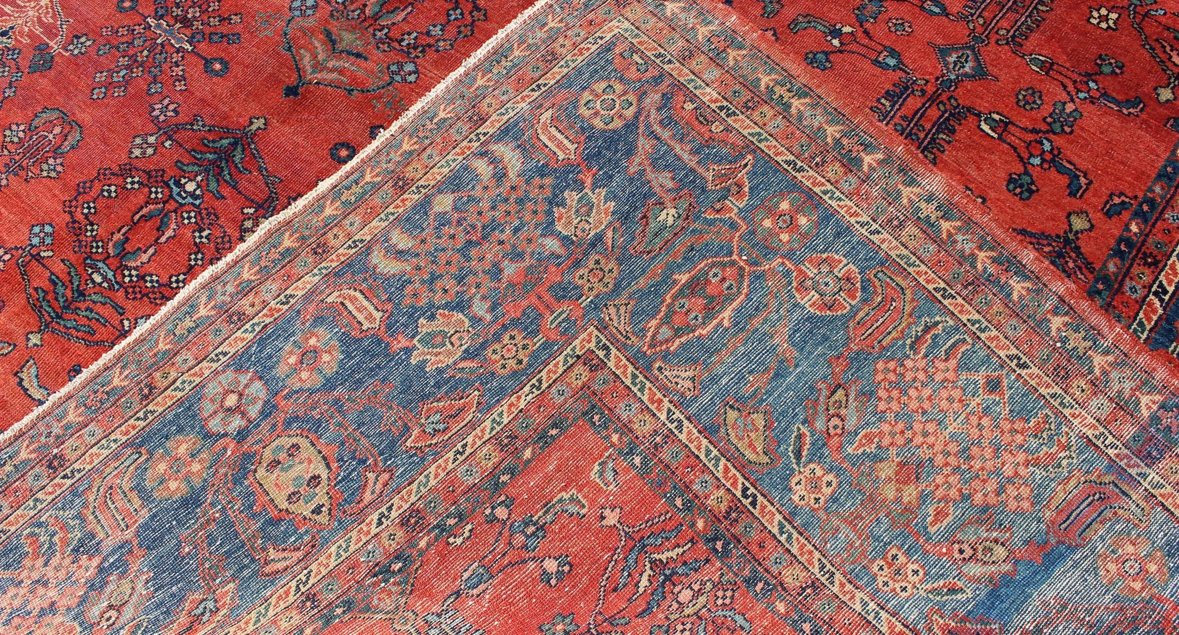 Square-Sized Antique Persian Sultanabad Rug in Terracotta Red and Medium Blue For Sale 1