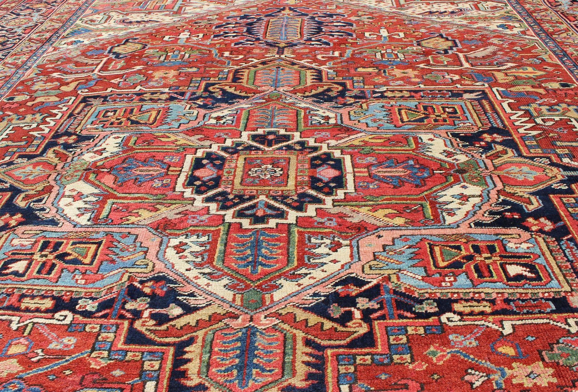 Persian Antique Heriz-Serapi Rug with Geometric Medallion in Rust Red, Dark Blue, Green For Sale