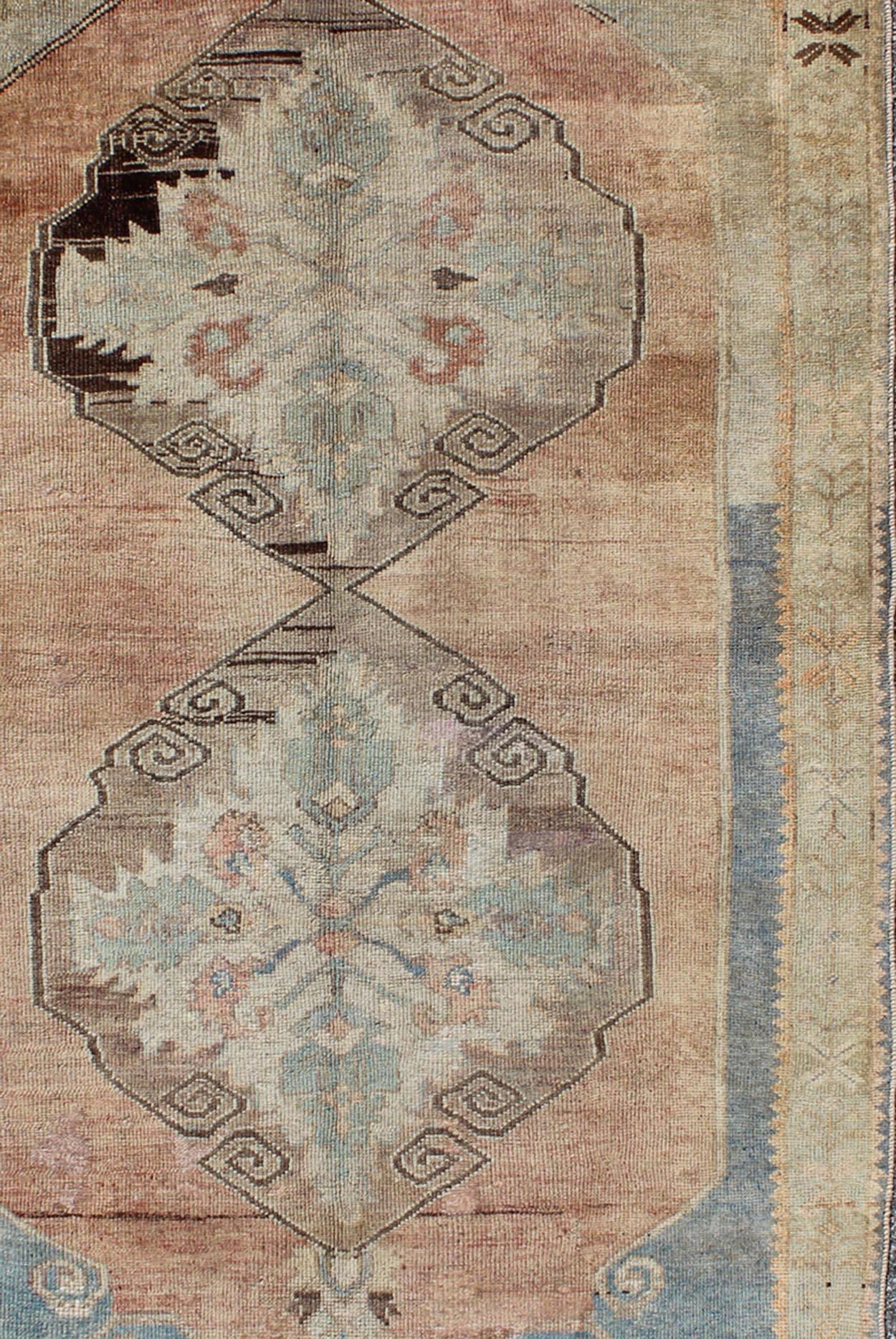 Hand-Knotted Dual Medallion Antique Turkish Oushak Rug in Reddish Brown, Blue and Green