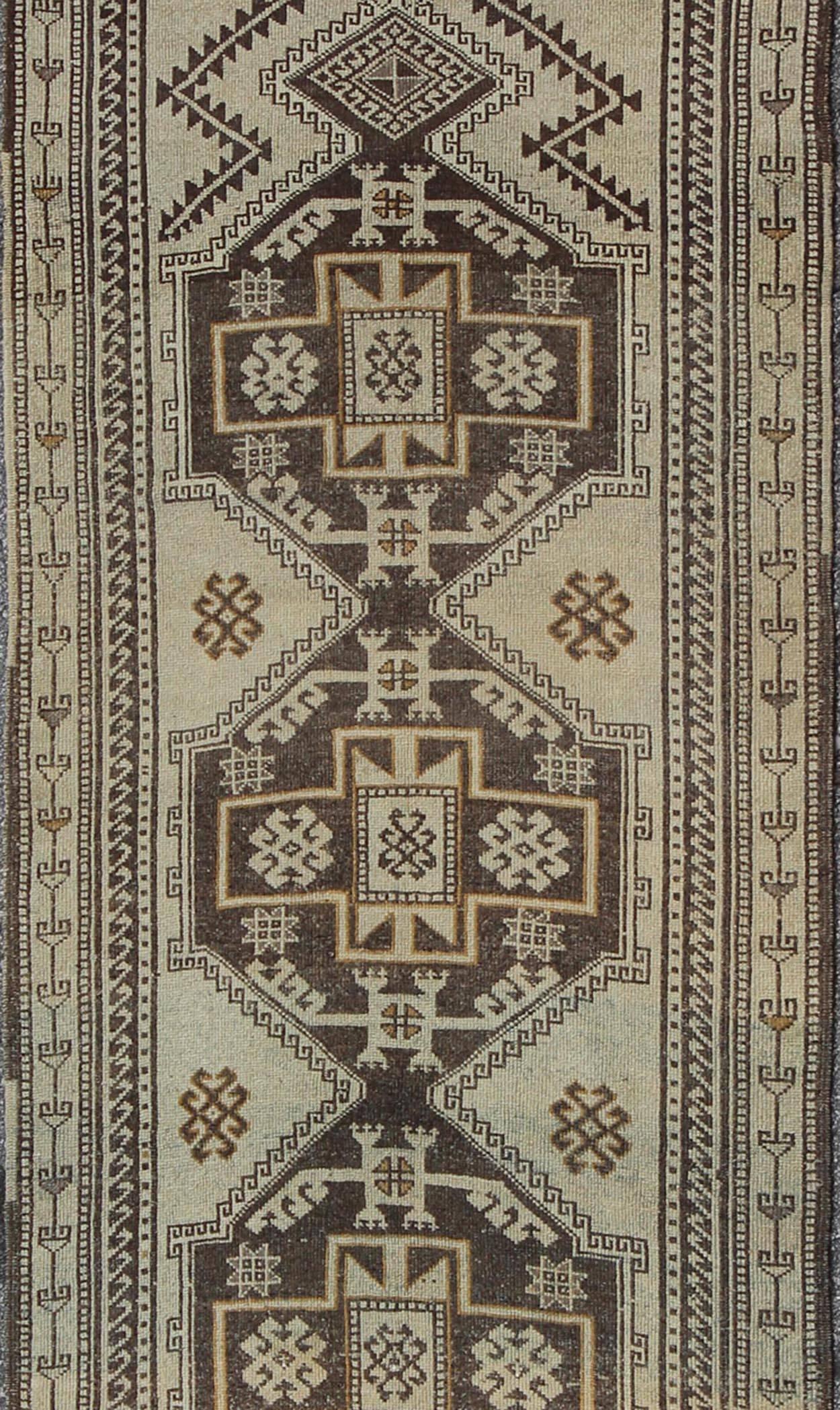 Turkish Vintage Oushak Runner with Tribal Medallions and Motifs in Brown and Taupe For Sale
