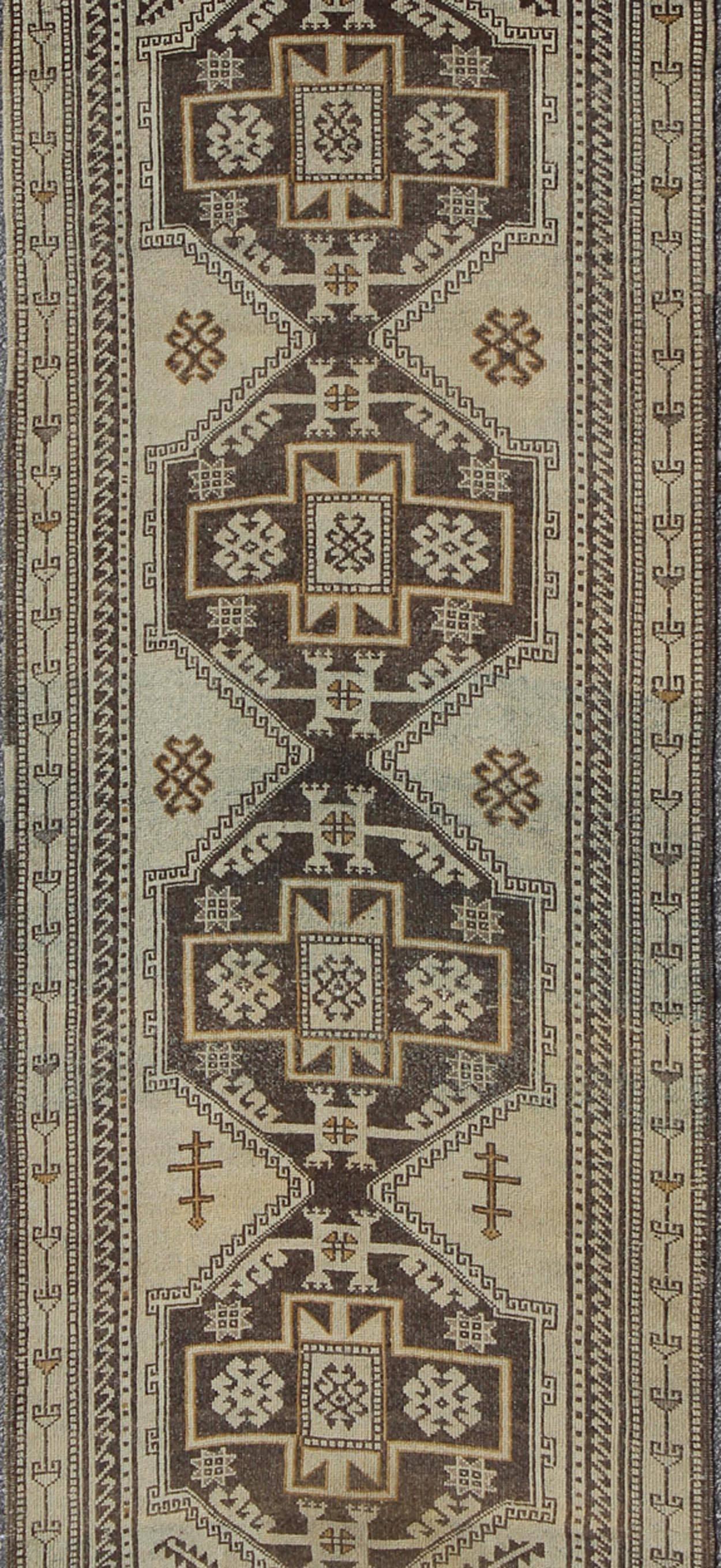 Hand-Knotted Vintage Oushak Runner with Tribal Medallions and Motifs in Brown and Taupe For Sale