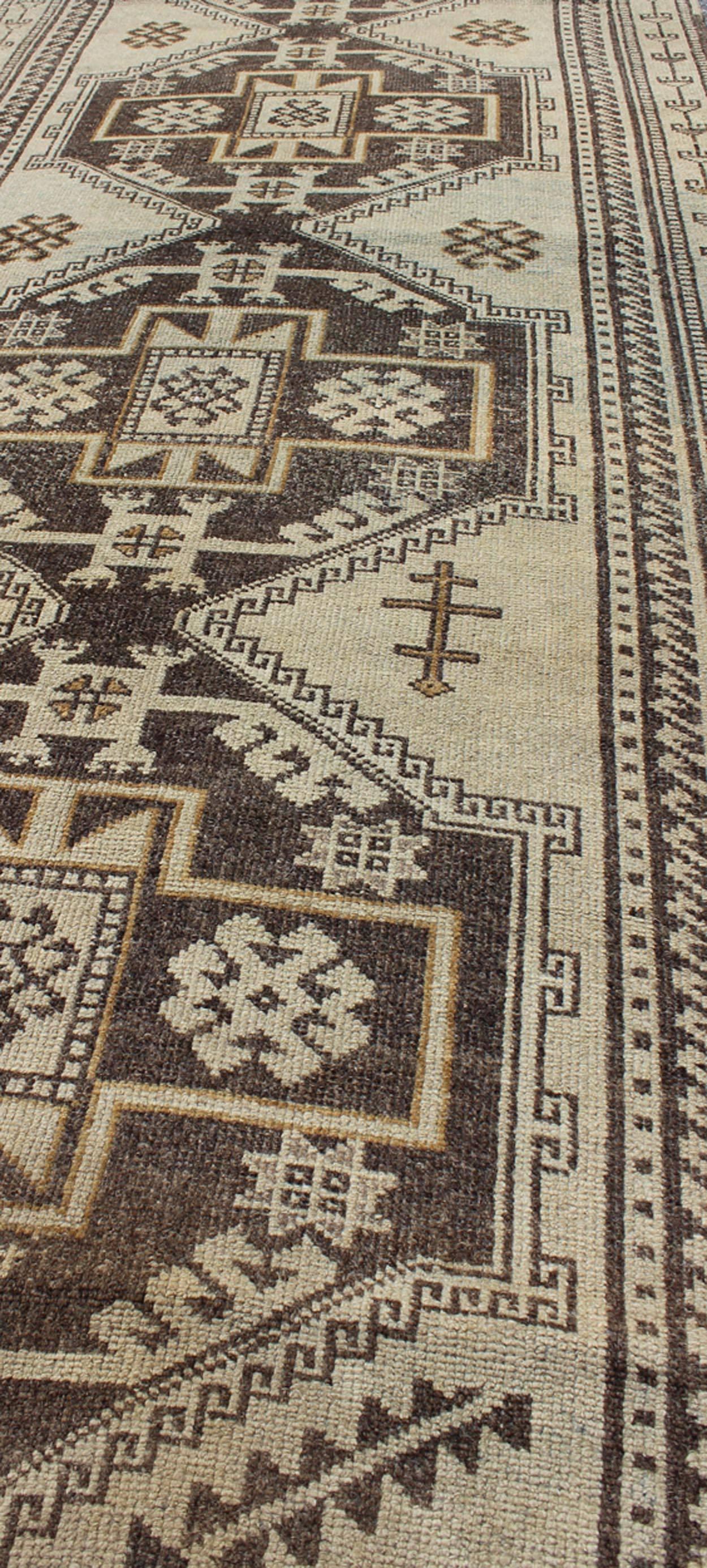 Vintage Oushak Runner with Tribal Medallions and Motifs in Brown and Taupe In Excellent Condition For Sale In Atlanta, GA