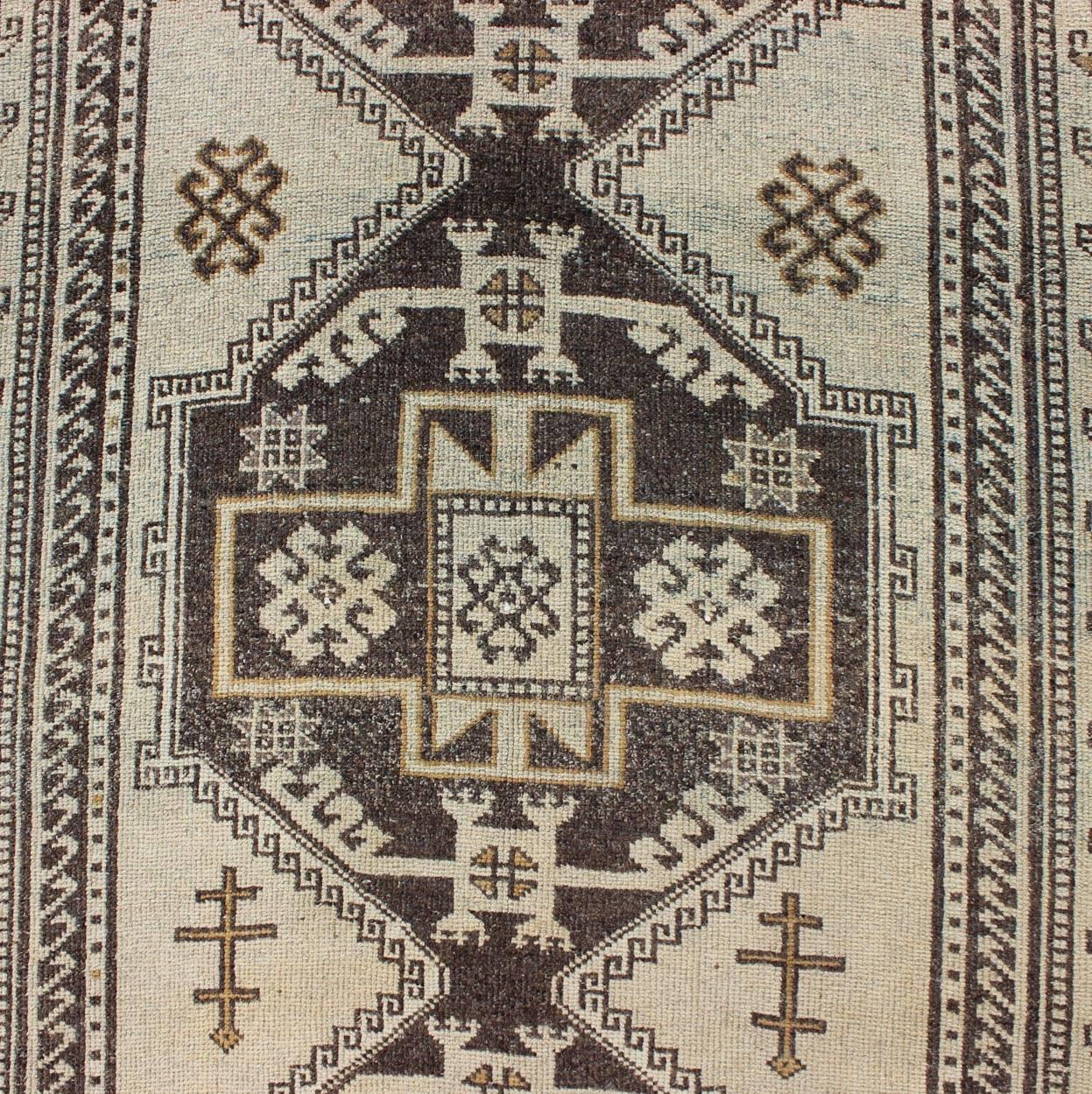 20th Century Vintage Oushak Runner with Tribal Medallions and Motifs in Brown and Taupe For Sale