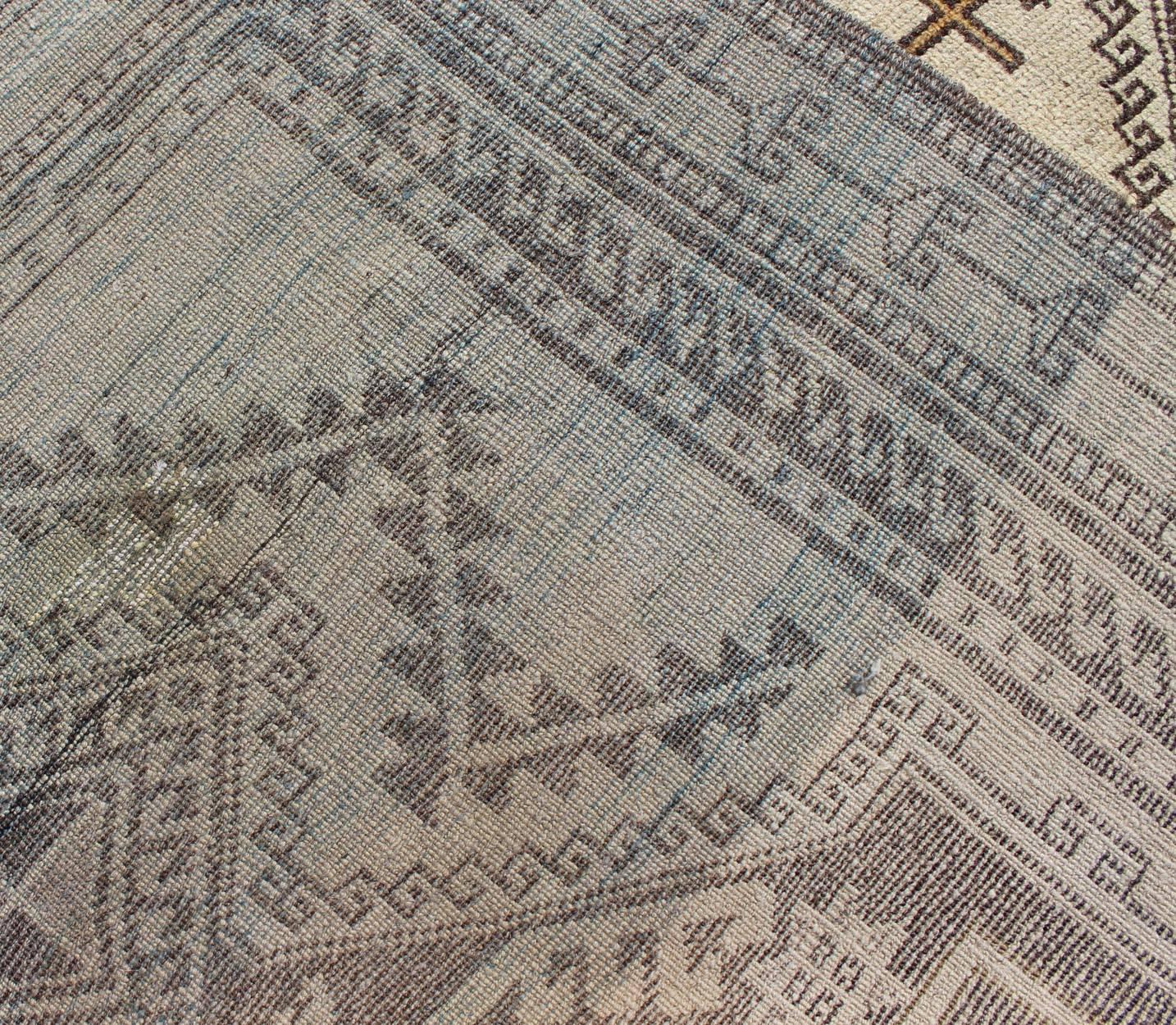 Wool Vintage Oushak Runner with Tribal Medallions and Motifs in Brown and Taupe For Sale