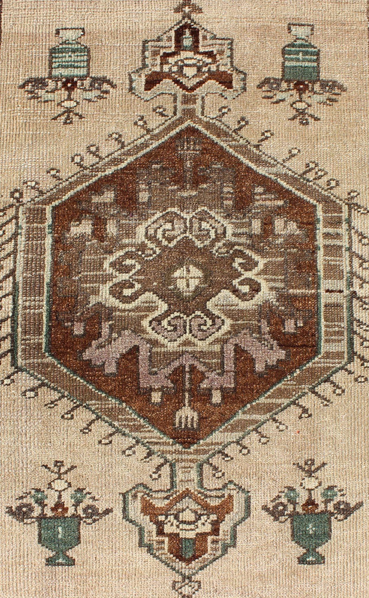 Wool Turkish Oushak Vintage Rug with Central Medallion and Floral Motifs in Brown For Sale