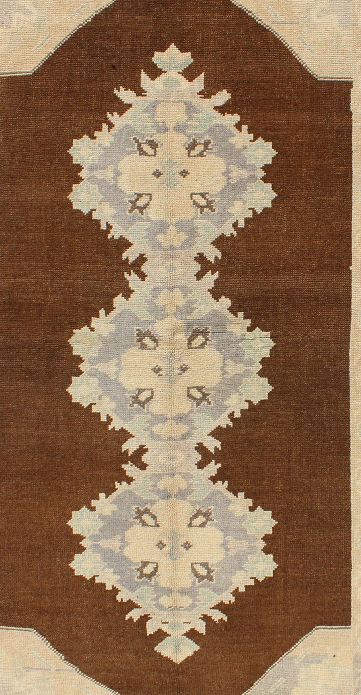 Hand-Knotted Vintage Turkish Oushak Runner with Floral Medallions in Brown, Gray, Taupe For Sale