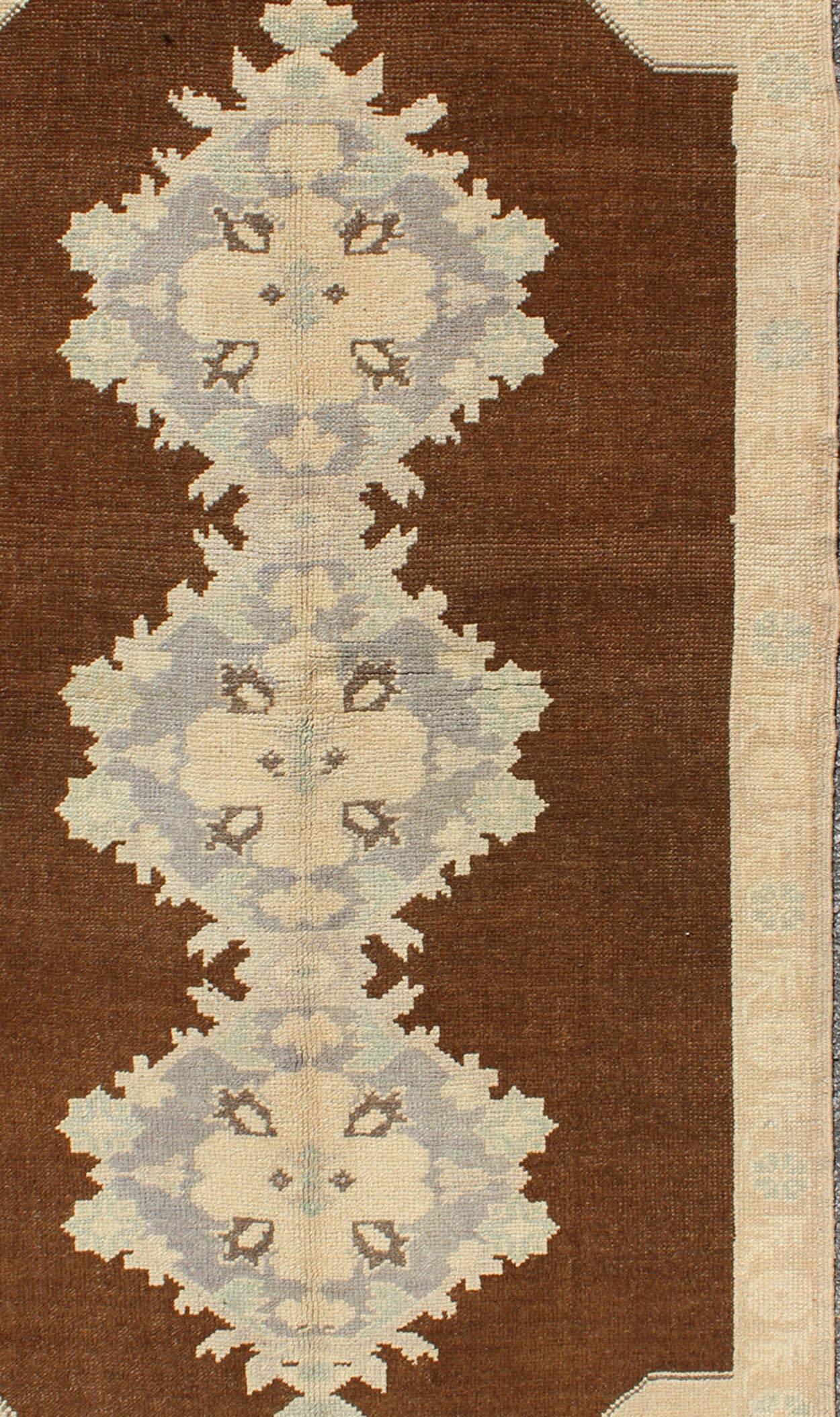 Vintage Turkish Oushak Runner with Floral Medallions in Brown, Gray, Taupe In Excellent Condition For Sale In Atlanta, GA