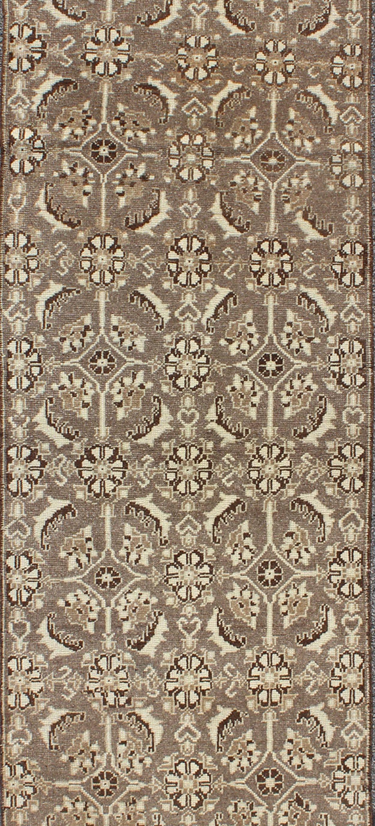 Oushak Vintage Turkish Runner with All-Over Blossoms Pattern in Light Charcoal & Ivory For Sale
