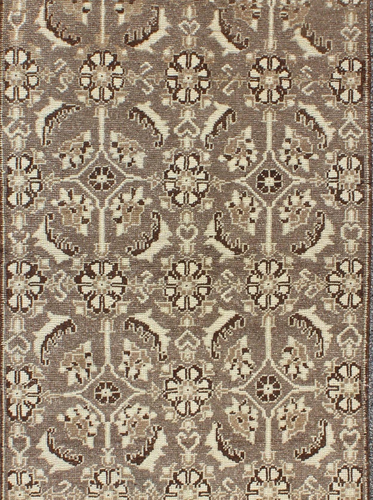 Hand-Knotted Vintage Turkish Runner with All-Over Blossoms Pattern in Light Charcoal & Ivory For Sale
