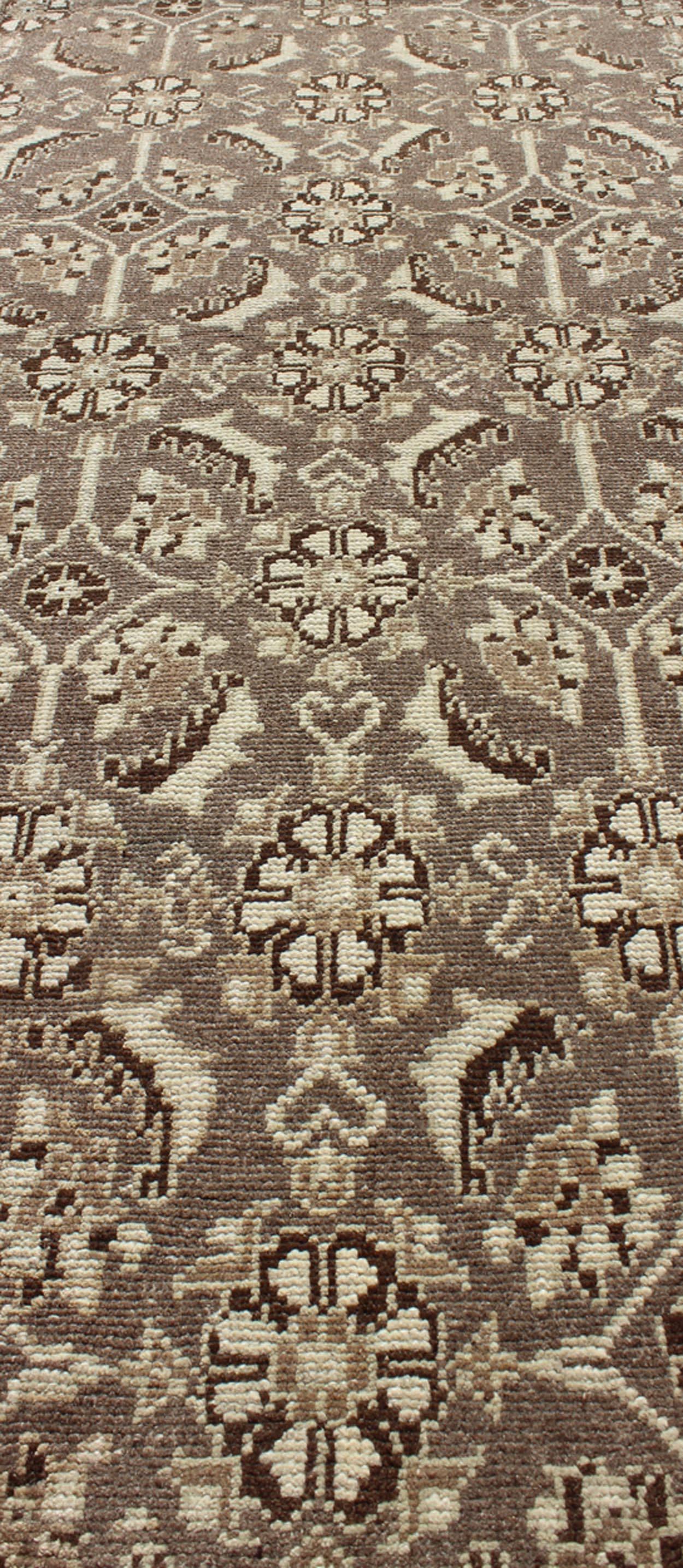 Vintage Turkish Runner with All-Over Blossoms Pattern in Light Charcoal & Ivory In Excellent Condition For Sale In Atlanta, GA