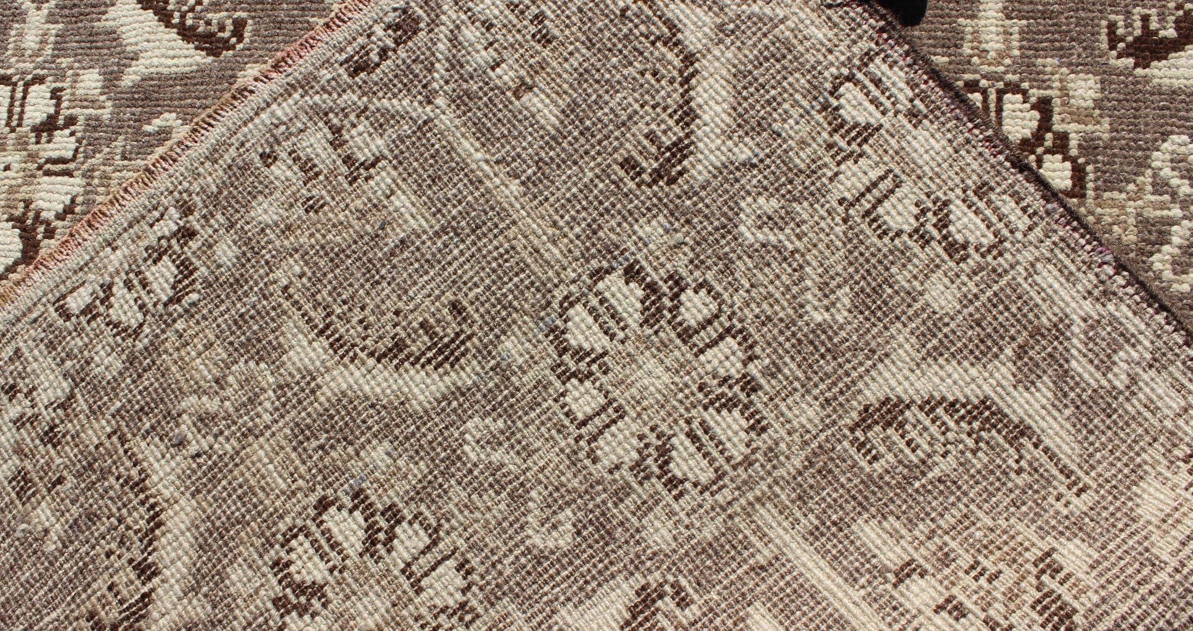 Wool Vintage Turkish Runner with All-Over Blossoms Pattern in Light Charcoal & Ivory For Sale