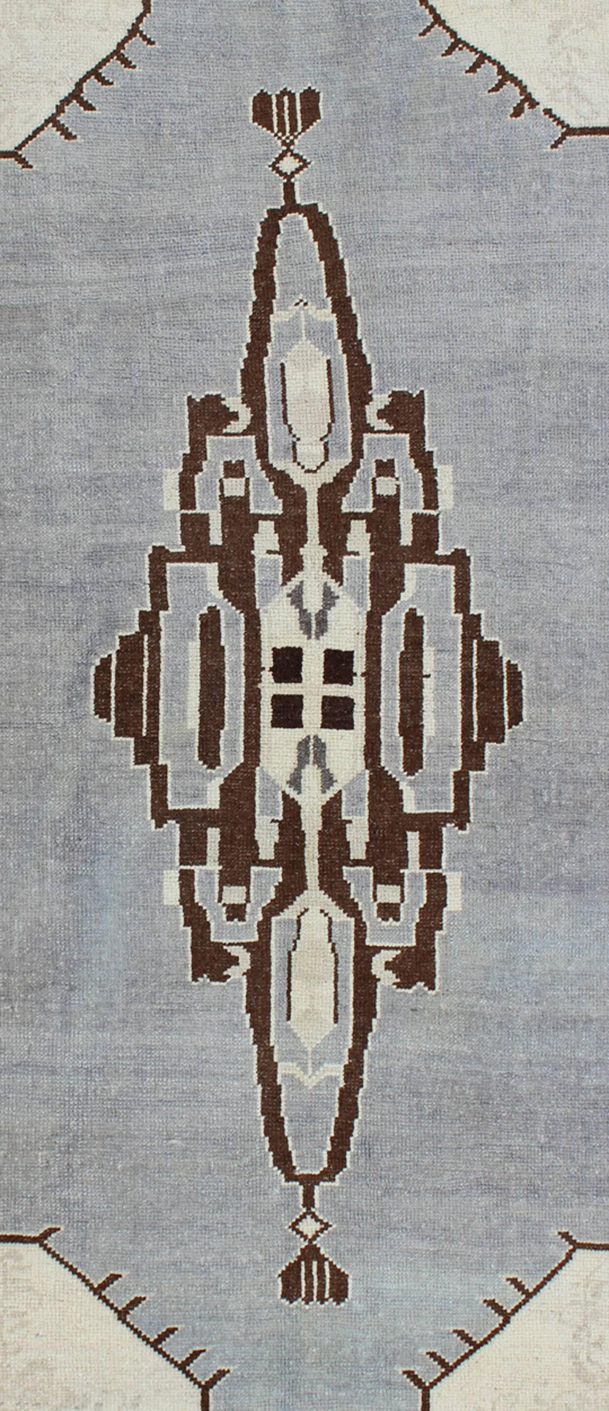 Hand-Knotted Vintage Turkish Oushak Rug with Central Medallion and Floral Borders in Ice Blue