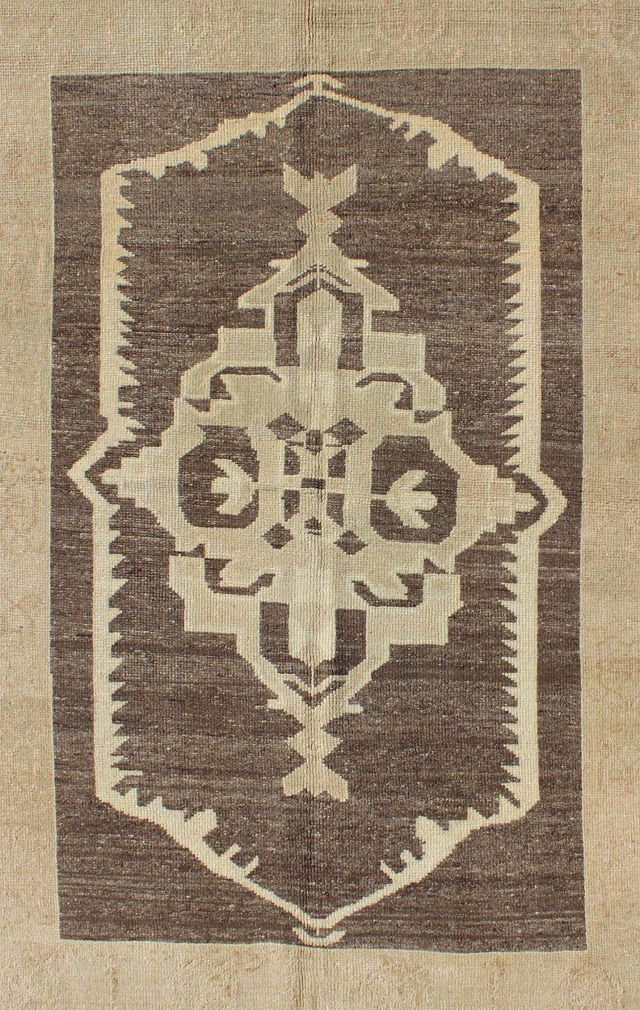 Hand-Knotted Vintage Turkish Oushak Rug with Central Medallions and Floral Borders in Brown