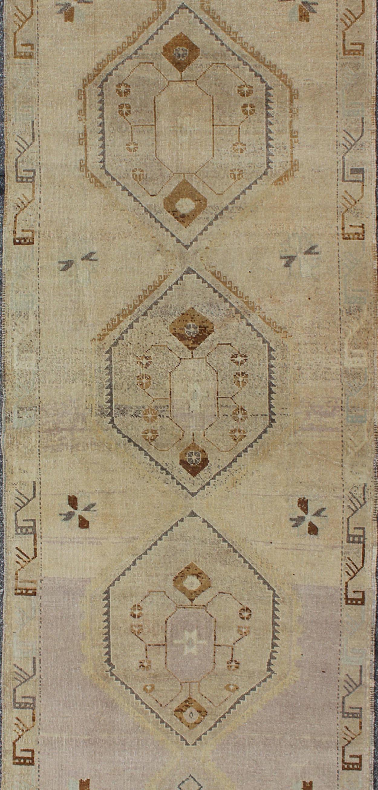 Hand-Knotted Vintage Turkish Oushak Runner with Tribal Medallions in Lavender, Taupe & Brown For Sale