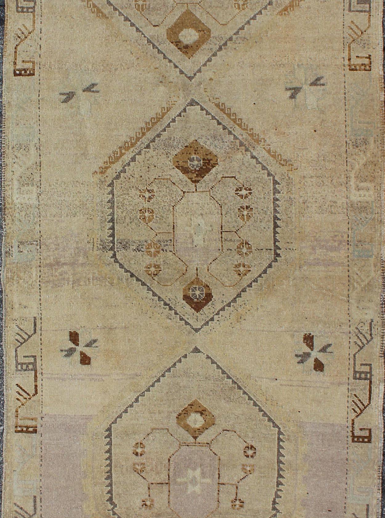 Vintage Turkish Oushak Runner with Tribal Medallions in Lavender, Taupe & Brown In Excellent Condition For Sale In Atlanta, GA