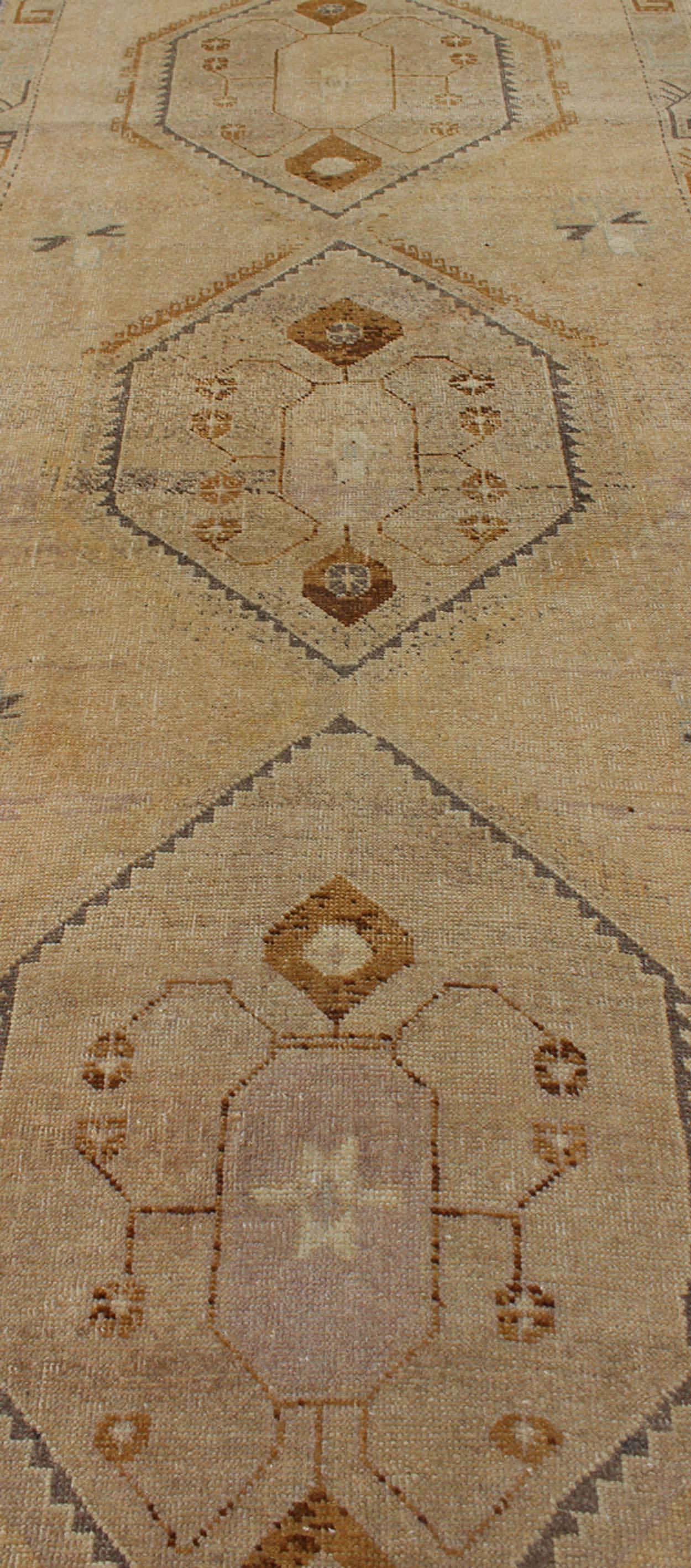Wool Vintage Turkish Oushak Runner with Tribal Medallions in Lavender, Taupe & Brown For Sale