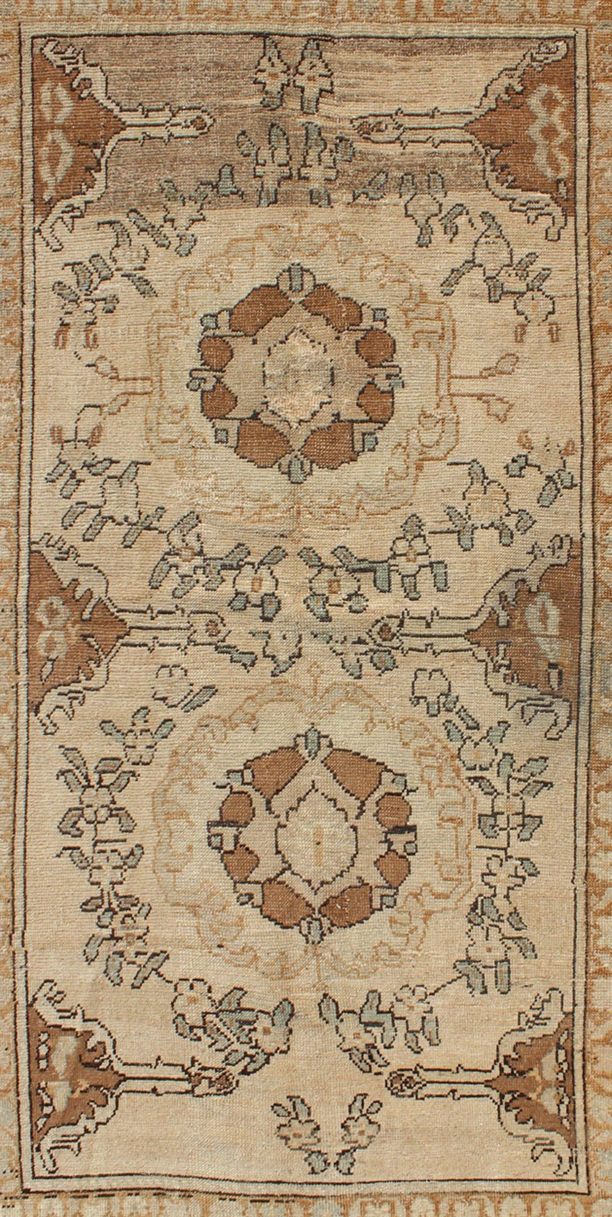 Hand-Knotted Dual Medallion Vintage Turkish Oushak Rug with Floral Accents in Brown and Gray
