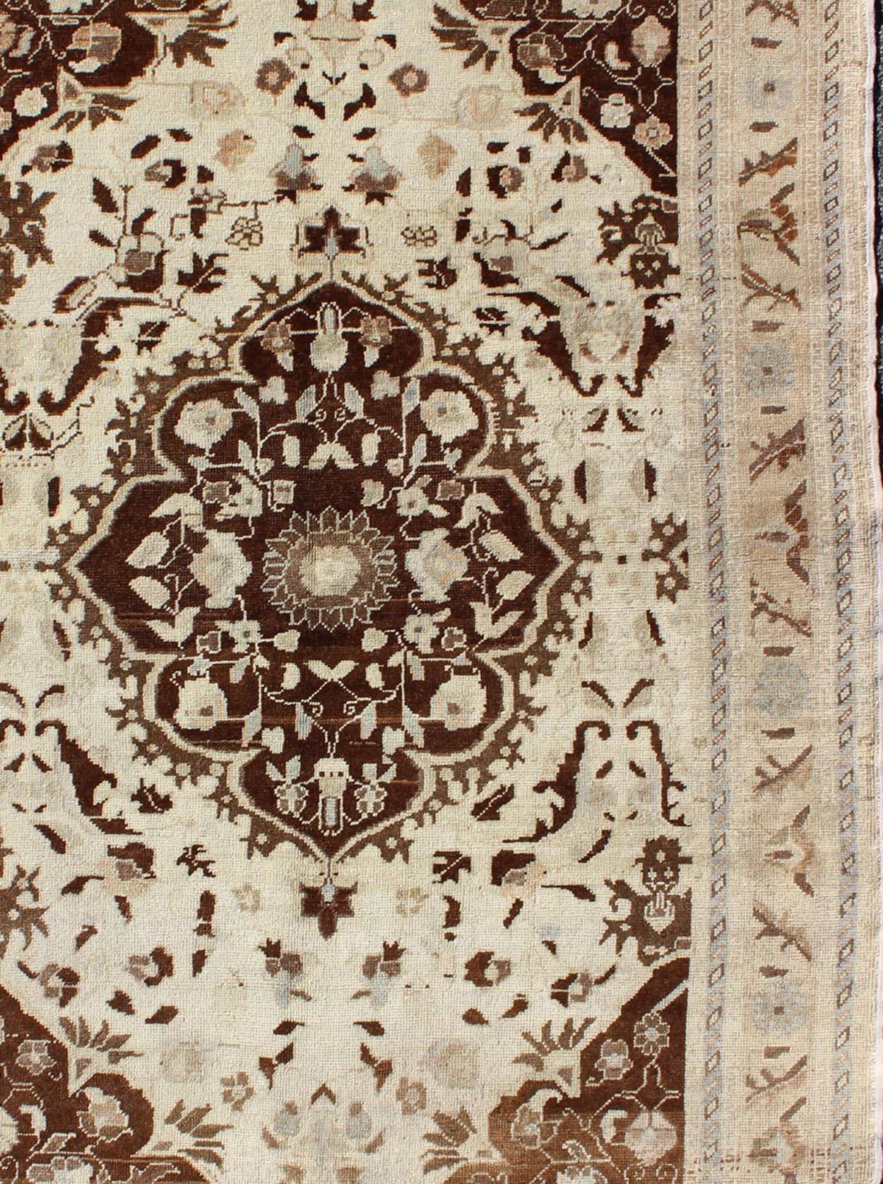 Hand-Knotted Turkish Oushak Vintage Rug with Intricate Floral Medallion in Brown and Ivory For Sale