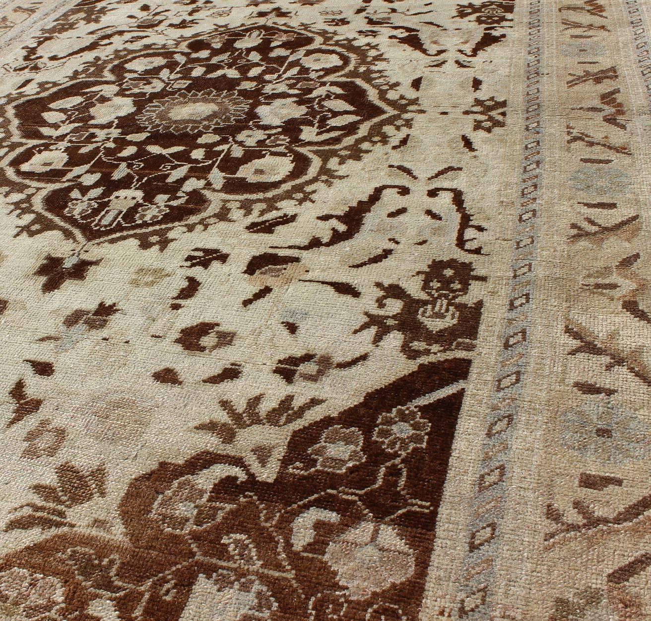 Turkish Oushak Vintage Rug with Intricate Floral Medallion in Brown and Ivory In Excellent Condition For Sale In Atlanta, GA