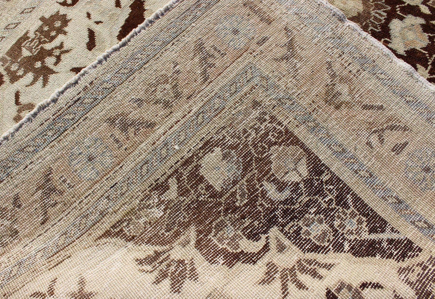20th Century Turkish Oushak Vintage Rug with Intricate Floral Medallion in Brown and Ivory For Sale