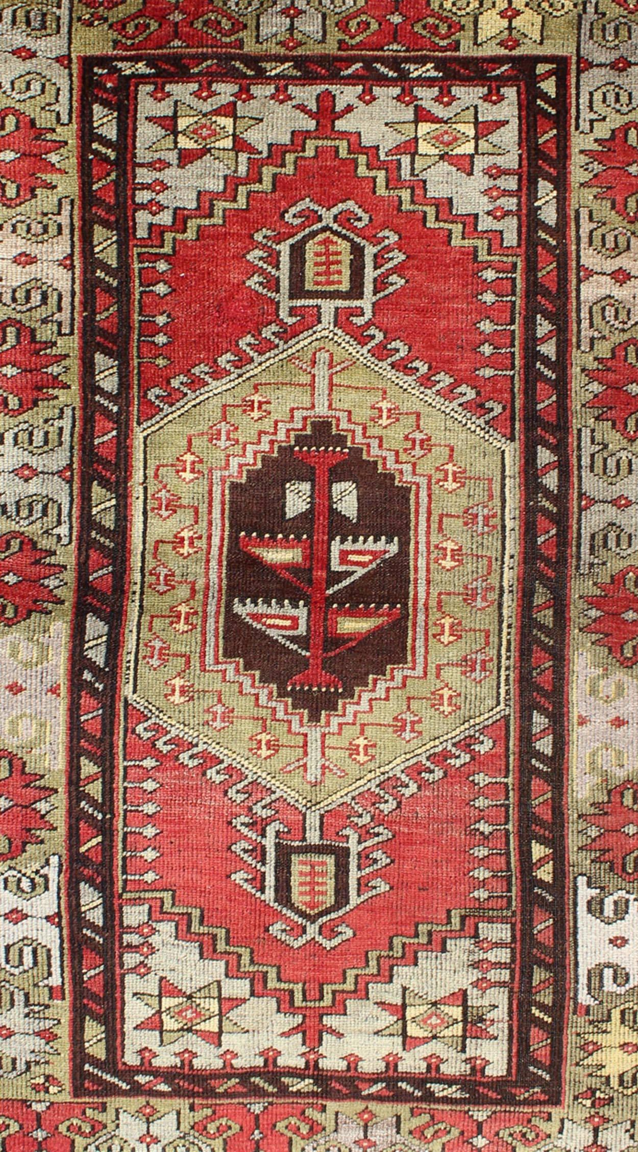 Hand-Knotted Vintage Turkish Oushak Rug with Geometric Tribal Medallion in Red and Green For Sale