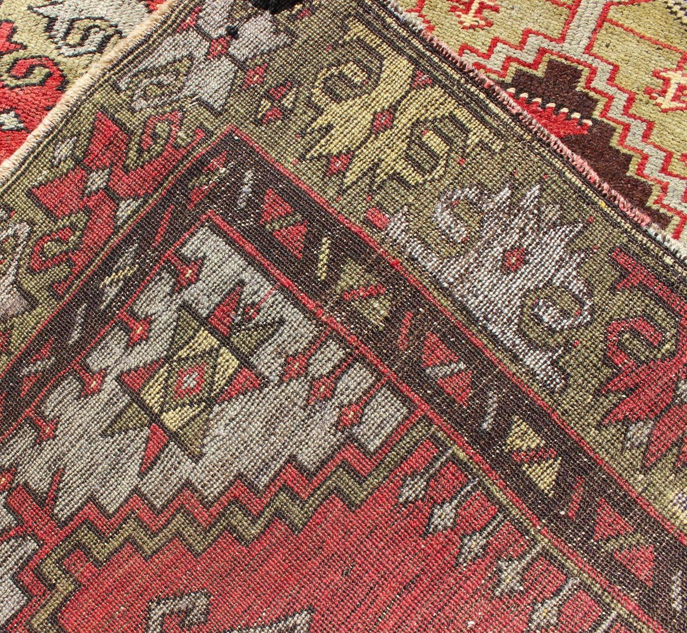 Wool Vintage Turkish Oushak Rug with Geometric Tribal Medallion in Red and Green For Sale