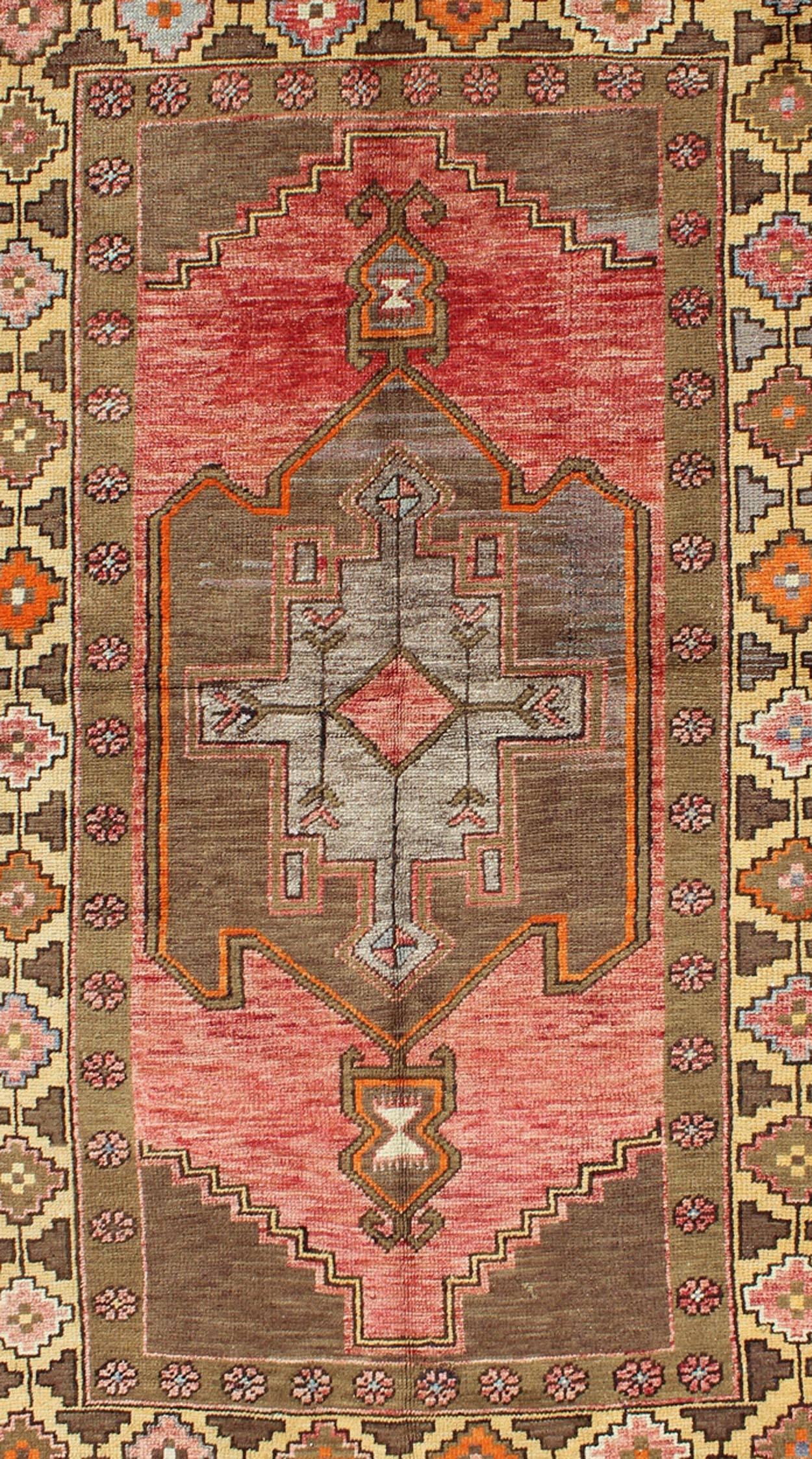 Hand-Knotted Midcentury Vintage Turkish Oushak Rug with Geometric Florals in Red and Brown For Sale