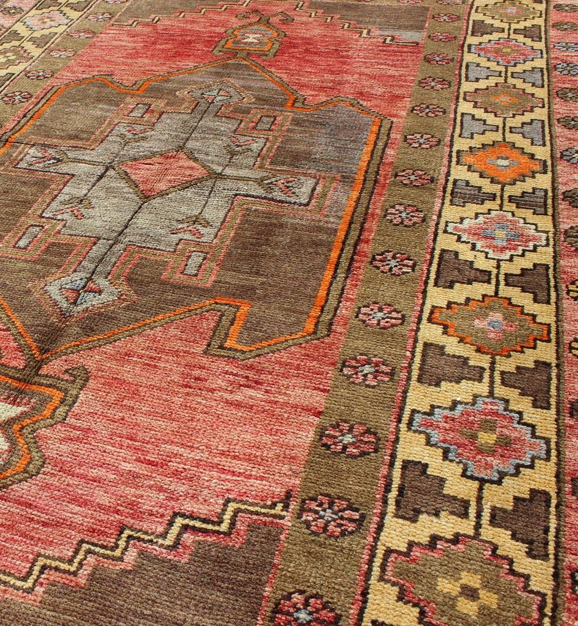 20th Century Midcentury Vintage Turkish Oushak Rug with Geometric Florals in Red and Brown For Sale