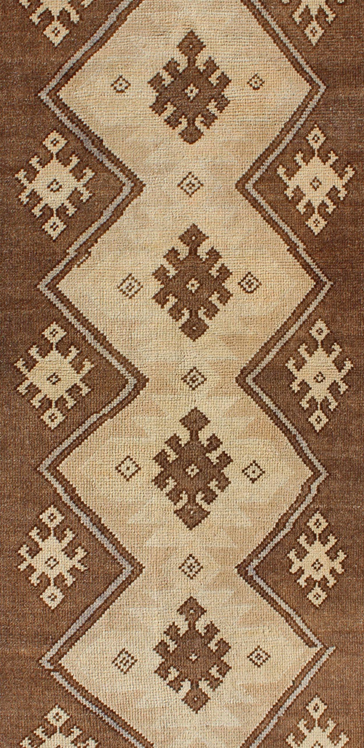 Hand-Knotted  Vintage Turkish Oushak Rug with Vertical Diamond Medallions in Brown and Cream