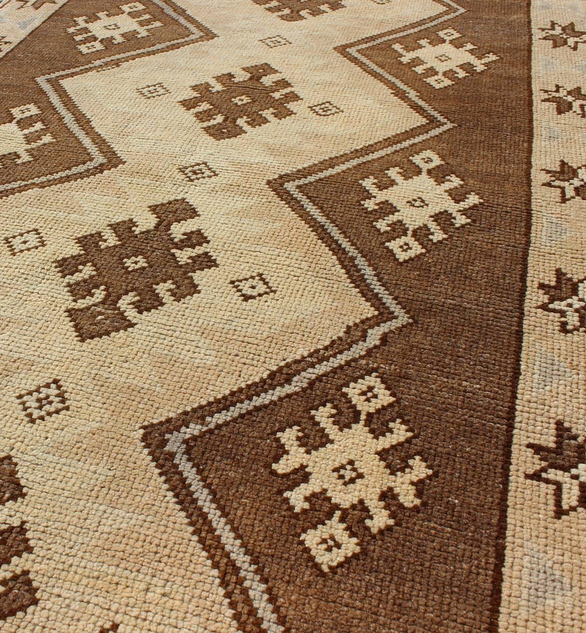 20th Century  Vintage Turkish Oushak Rug with Vertical Diamond Medallions in Brown and Cream