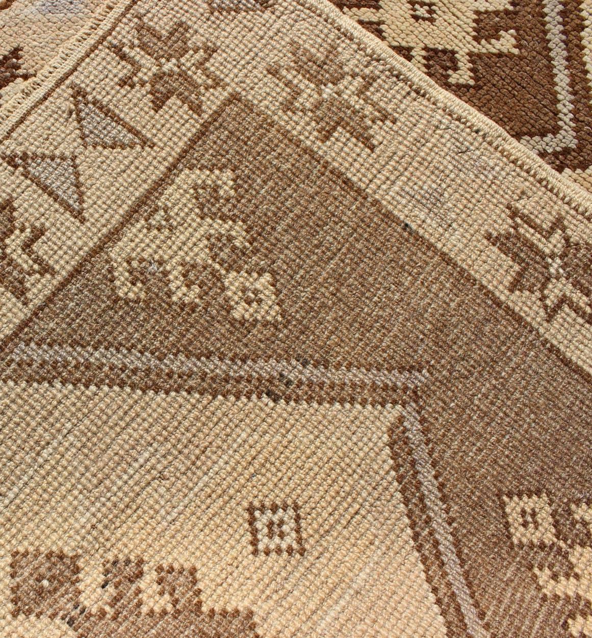 Wool  Vintage Turkish Oushak Rug with Vertical Diamond Medallions in Brown and Cream