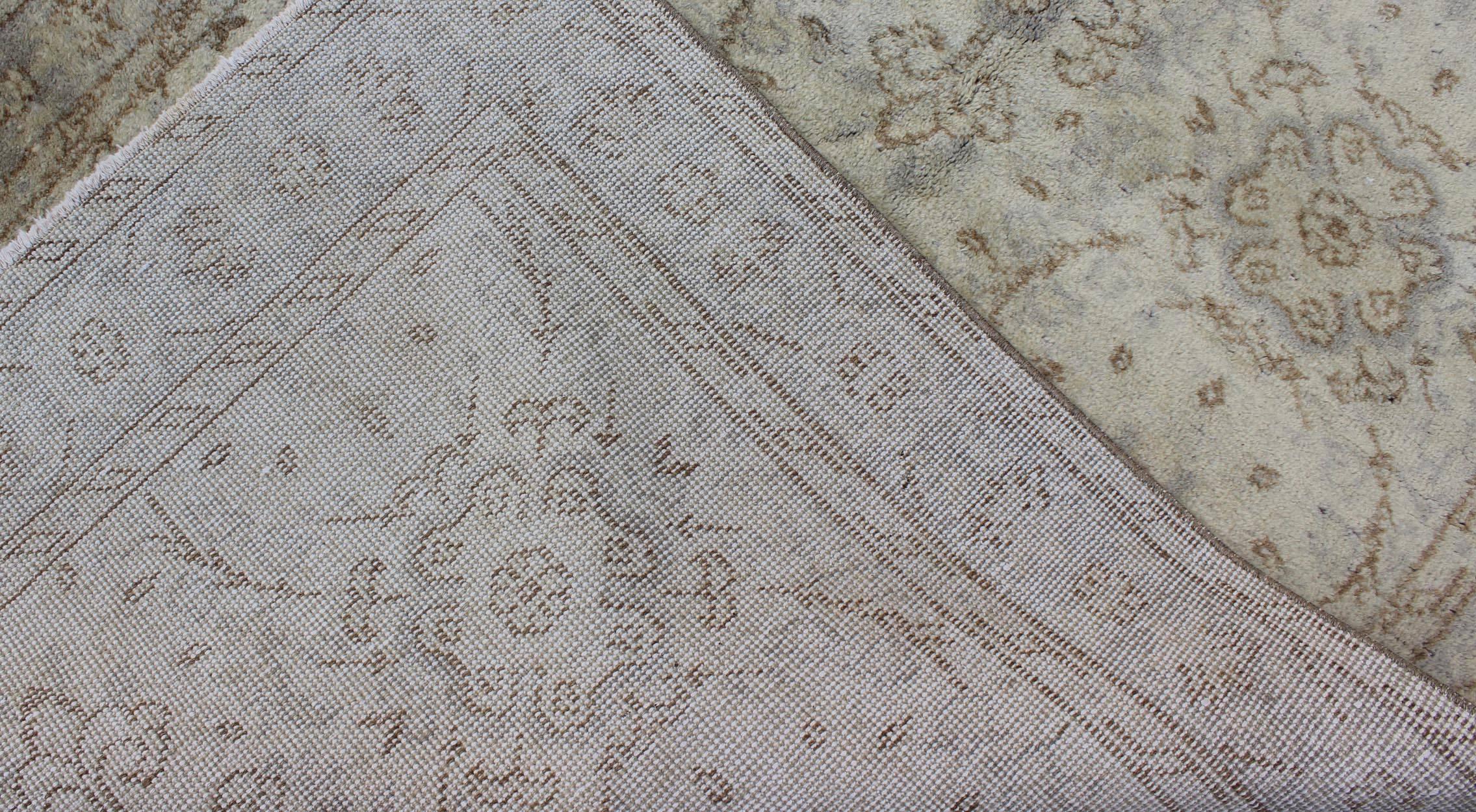 Wool Vintage Turkish Oushak Rug with All-Over Floral Design in Ivory, Gray and Brown For Sale