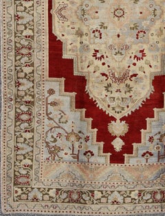 Vintage Turkish Oushak Rug with Rich Red, Soft Blue, and Cream Tones