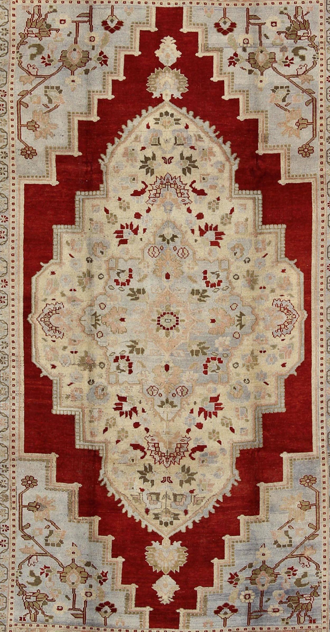 Hand-Knotted Beautiful Red Background Turkish Vintage Oushak Rug Blue Corners & Greed Border For Sale